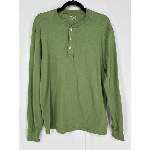 J Crew Shirt Mens Large Green Henley Long Sleeve Cotton Button - Picture 1 of 7
